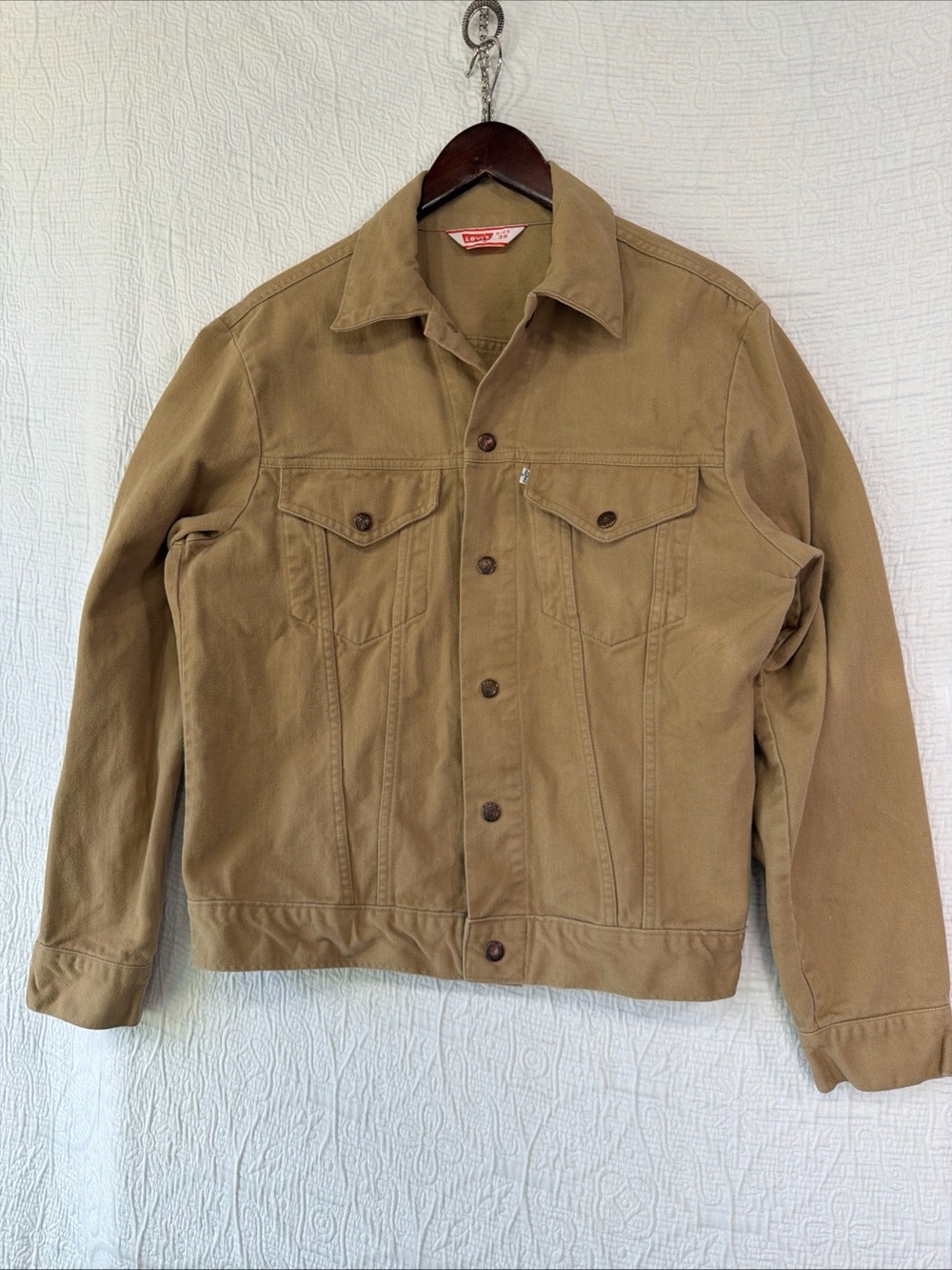 Vintage Levis Type 3 Trucker Jacket Beige Cotton Denim Men 38 White Tab Snap Up